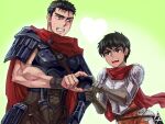  1boy 1girl annoyed armor berserk cape casca_(berserk) dark-skinned_female dark_skin guts_(berserk) mamegohan muscular muscular_male open_mouth red_cape short_hair teeth 