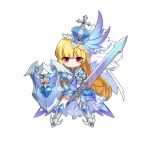  1girl absurdres armor artist_request blonde_hair crown dress highres latale long_hair red_eyes savior_(latale) shield sword weapon white_dress 