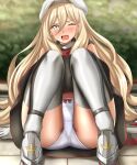  1girl absurdres beret black_gloves blonde_hair commission dress gloves green_eyes hair_between_eyes hat highres kantai_collection long_hair mole mole_under_eye mole_under_mouth multicolored_clothes multicolored_gloves multicolored_scarf one_eye_closed panties pixiv_request richelieu_(kancolle) scarf solo strapless strapless_dress thighhighs two-tone_dress two-tone_gloves underwear white_gloves white_headwear white_panties zanntetu 