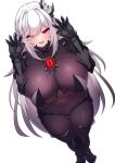  1girl 5danny1206 absurdres bangs blush bodysuit breasts covered_navel gauntlets hair_ornament hands_up highres large_breasts long_hair looking_at_viewer original parted_lips red_eyes simple_background solo thighs white_background white_hair 