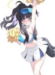  1girl absurdres animal_ears arm_up black_hair blue_archive blue_eyes blue_skirt breasts cheerleader crop_top dog_ears dog_girl dog_tail goggles goggles_on_head halo hibiki_(blue_archive) hibiki_(cheerleader)_(blue_archive) highres holding holding_pom_poms lechiennoir medium_breasts miniskirt navel official_alternate_costume pleated_skirt pom_pom_(cheerleading) simple_background skirt solo standing star_sticker sticker_on_face tail text_print twintails two-tone_skirt white_background white_skirt 