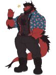  absurd_res anthro beard black_hair chest_tuft clothed clothing dragon facial_hair hair hi_res horn jugger_(character) juggermelon male muscular muscular_anthro muscular_male open_clothing open_shirt open_topwear pecs red_body shirt solo suspenders topwear tuft 