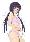  1girl bangs bare_arms bare_shoulders bikini black_eyes black_hair blunt_bangs blush closed_mouth cowboy_shot furuyama_itaru hands_on_own_stomach long_hair looking_at_viewer low_twintails original own_hands_together photoshop_(medium) purple_bikini simple_background solo strapless strapless_bikini swimsuit twintails white_background 