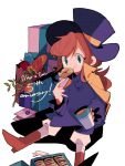  1girl a_hat_in_time blue_headwear blue_pupils blue_shirt brown_footwear brown_hair cape card coffee cookie eating english_text food hat_kid long_hair nasubeen pants shirt simple_background tan_skirt white_pants yellow_cape 