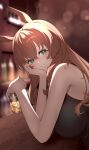 :d animal_ears bangs bar_(place) bare_arms bare_shoulders blush breasts brown_hair cup drink drinking_glass green_eyes grin hand_on_own_cheek hand_on_own_face highres holding holding_cup horse_ears ice ice_cube indoors iwashi_111 large_breasts long_hair maruzensky_(umamusume) parted_lips sleeveless smile umamusume upper_body 