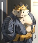  2022 anthro belly black_nose detailed_background eyewear felid glasses hi_res hon55728 humanoid_hands jinbei_(clothing) kemono male mammal moobs nipples overweight overweight_male pantherine solo tiger tired 
