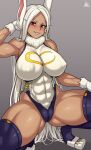  1girl abs absurdres animal_ears artist_name ass_visible_through_thighs bare_shoulders boku_no_hero_academia breasts cameltoe commentary covered_navel covered_nipples dark-skinned_female dark_skin english_commentary gloves grey_background grin hand_up highleg highleg_leotard highres jmg leotard long_hair looking_at_viewer mirko parted_lips rabbit_ears red_eyes smile solo spread_legs squatting thick_thighs thighhighs thighs v-shaped_eyebrows very_long_hair white_gloves white_hair white_leotard 