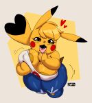  2022 anthro areola areola_slip big_breasts blue_bottomwear blue_clothing blue_jeans blue_pants bodily_fluids bottomwear breasts cleft_tail clothed clothing cosplay_pikachu_(character) cunnilingus_gesture denim denim_clothing dipstick_ears dipstick_tail drooling female generation_1_pokemon gesture hi_res jeans joaoppereiraus kanna_(joaoppereiraus) looking_at_viewer markings multicolored_ears nintendo open_mouth pants pikachu pokemon pokemon_(species) pokemorph saliva shirt signature simple_background solo suggestive suggestive_gesture tail_markings thick_thighs tongue tongue_out topwear torn_bottomwear torn_clothing torn_jeans torn_pants video_games white_clothing white_shirt white_topwear yellow_body 