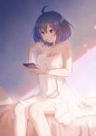  1girl ahoge bangs bare_arms bare_shoulders blue_eyes blue_hair caisena cellphone commentary_request dress feet_out_of_frame highres holding holding_phone honkai_(series) honkai_impact_3rd phone seele_vollerei short_dress short_hair sitting smartphone solo strapless strapless_dress 