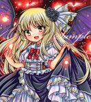 1girl :d alternate_costume bangs bat_wings black_flower black_rose black_skirt blonde_hair blush bow bowtie buttons cowboy_shot fang flower frilled_shirt frills hair_flower hair_ornament kurumi_(touhou) long_hair looking_at_viewer marker_(medium) open_mouth puffy_short_sleeves puffy_sleeves red_bow red_bowtie rose rui_(sugar3) sample_watermark shirt short_sleeves skirt skirt_hold smile solo spread_wings standing straight_hair touhou touhou_(pc-98) traditional_media very_long_hair white_shirt wings yellow_eyes 
