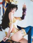  1girl armlet artist_request bangs black_hair breasts cosplay cosplay_photo earrings fate/grand_order fate_(series) ishtar_(fate) ishtar_(fate)_(cosplay) jewelry long_hair looking_at_viewer medium_breasts non-web_source parted_bangs photo_(medium) real_life red_eyes single_thighhigh solo tagme thighhighs 