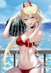  1girl absurdres arms_up bikini black_choker blonde_hair blue_sky breast_padding breasts chainsaw_man choker cloud day demon_girl demon_horns fangs food fruit halterneck highres holding holding_food holding_fruit horns long_hair medium_breasts mei-0 navel ocean outdoors parted_lips power_(chainsaw_man) railing red_horns scowl sky solo stomach swimsuit symbol-shaped_pupils teeth v-shaped_eyebrows watermelon yellow_eyes 