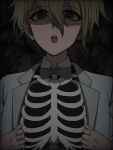  1boy :o alternate_costume amami_rantarou bangs black_background bow bowtie danganronpa_(series) danganronpa_v3:_killing_harmony detached_collar ear_piercing earrings gradient gradient_background green_eyes green_hair grey_bow grey_bowtie grey_jacket highres jacket jewelry long_sleeves male_focus open_clothes open_jacket open_mouth piercing ring short_hair skull solo suiren_yurei teeth upper_body upper_teeth 