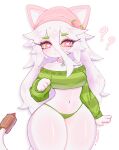 ? animal_ears cat cat_ears cat_tail cattail cattail_(plants_vs_zombies) chikomokii closed_mouth collar furry furry_female green_panties green_sweater highres long_hair panties pink_collar pink_headwear pink_pupils plant plants_vs_zombies sweater tail underwear white_fur white_hair 
