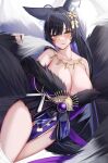  1girl :p animal_ears azur_lane bangs bare_shoulders black_hair blush breasts cleavage closed_mouth collarbone facial_mark fox_ears fox_girl fox_tail fur_trim hair_ornament highres japanese_clothes jewelry kazuha_(saku_kn) large_breasts multicolored_hair multiple_tails musashi_(azur_lane) necklace purple_hair smile solo tail thighs tongue tongue_out yellow_eyes 