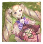  1girl blonde_hair blue_eyes brown_gloves drill_hair elise_(fire_emblem) fire_emblem fire_emblem_fates fire_emblem_heroes flower flower_brooch gloves green_eyes hair_flower hair_ornament hands_on_own_chest highres leaf_hair_ornament lying multicolored_eyes official_alternate_costume official_art on_back on_ground open_mouth osiri_siri_siri own_hands_together red_flower red_rose ribbon rose smile solo twin_drills white_flower white_rose 