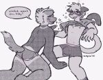  2022 anthro artist_name big_bulge birdpaw_(artist) boxers_(clothing) bulge canid canine canis claws clothed clothing digital_media_(artwork) domestic_cat domestic_dog duo english_text fangs felid feline felis floppy_ears grey_body grey_clothing greyscale hair halftone hand_on_ground hi_res hypnosis kneeling looking_at_another looking_up male male/male mammal mind_control monochrome open_mouth raised_clothing raised_shirt raised_topwear shirt simple_background speech_bubble talking_to_another teeth text tipsy topwear underwear white_background 