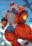  4_fingers abs accessory anthro big_bulge big_muscles big_nipples big_pecs black_nipples blep bulge claws clothing eyes_closed fingers fire fist flare_(redec-the-lion) fur furgonomics generation_7_pokemon grey_hair hair incineroar jewelry low-angle_view male muscular navel nintendo nipple_piercing nipples outside pantheradraws pecs piercing pokeball_underwear pokemon pokemon_(species) red_body red_fur ring solo spiked_tailring tail_accessory tail_jewelry tail_ring thick_thighs thong tongue tongue_out underwear video_games 