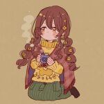  1girl anam95 bangs blush braid cup debi_tarou expressionless highres holding holding_cup hot_chocolate idolmaster idolmaster_shiny_colors kneeling long_hair mug osaki_tenka red_hair shawl solo sweater swept_bangs twin_braids yellow_eyes yellow_sweater 