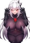  1girl 5danny1206 absurdres bangs blush bodysuit breasts covered_navel gauntlets hair_ornament hands_up highres large_breasts long_hair looking_at_viewer original parted_lips red_eyes simple_background solo thighs white_background white_hair 