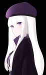  ai-generated beret from_side hat jacket nai_diffusion non-web_source purple_beret purple_eyes purple_jacket serious tamaki_shion white_hair 