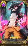  anthro artist_name black_body black_fur black_hair blurred_background bulge canid chain clothed clothing fur hair looking_at_viewer magic_user male mammal multicolored_hair oange_pants penguinexperience pink_body pink_eyes pink_fur pink_hair portrait smile solo standing three-quarter_portrait topless two_tone_hair white_body white_fur 