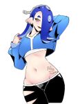  1girl :d alternate_costume arm_behind_back artist_name bandages black_pants blue_hair blush cowboy_shot crop_top ear_piercing fang hair_over_one_eye long_sleeves looking_at_viewer navel open_mouth pants piercing pointy_ears red_eyes relaxjon sarashi shiver_(splatoon) signature smile solo splatoon_(series) splatoon_3 stomach tentacle_hair 