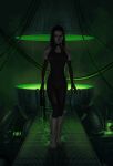  1girl bare_shoulders barefoot black_eyes black_hair breasts cable commentary covered_navel dark elbow_gloves eve_online full_body gloves glowing green_theme grey_gloves indoors krats lips looking_at_viewer machinery medium_breasts medium_hair nose original photoshop_(medium) realistic science_fiction solo walking water wet wet_clothes wet_hair 