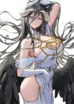  1girl ahoge albedo_(overlord) ame_(uten_cancel) bangs bare_shoulders black_hair black_wings breasts demon_girl demon_horns detached_collar dress feathered_wings gloves hair_between_eyes highres hip_vent horns large_breasts long_hair low_wings open_mouth overlord_(maruyama) parted_lips solo very_long_hair white_dress white_gloves white_horns wings yellow_eyes 