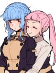  2girls bangs black_eyes blue_hair blunt_bangs blush closed_eyes do_m_kaeru empty_eyes fire_emblem fire_emblem:_three_houses garreg_mach_monastery_uniform highres hilda_valentine_goneril long_bangs marianne_von_edmund messy_hair multiple_girls pink_hair smile twintails upper_body white_background 