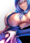  1girl akeyama_kitsune armpits azur_lane blue_hair breasts gloves grey_background hand_on_hip huge_breasts long_hair looking_at_viewer parted_lips pink_eyes sideboob simple_background smile solo st._louis_(azur_lane) sweat upper_body white_gloves 