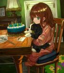  1girl absurdres animal birthday_cake brown_hair cake candle chair child dog female_child food fork freckles highres holding holding_animal holding_dog indoors original pout sero3eta sitting table 