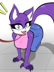  all_fours anthro blue_eyes bottomwear canid canine clothed clothing collar denim denim_clothing female fox fur giennah_(nelljoestar) hi_res jeans leash long_tail looking_at_viewer mammal nekojackun pants purple_body purple_fur sharp_teeth sleeveless_shirt solo teeth 