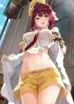  1girl :d alt_(ctrldel) atelier_(series) atelier_sophie bangs beret blue_sky blunt_bangs blush breasts brown_eyes brown_gloves cloud commentary_request gloves hat highres lifted_by_self looking_at_viewer medium_breasts midriff navel open_mouth outdoors red_hair short_hair shorts single_glove sky smile solo sophie_neuenmuller yellow_headwear yellow_shorts 