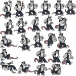  1:1 anthro bottomwear brok_the_investigator clothing cowcatgames fur grey_body grey_fur hi_res humanoid_hands male mammal model_sheet multiple_poses murid murine official_art pants pose punch rat rodent simple_background solo squealers_chief video_games walking white_background 