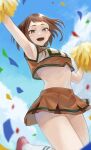  1girl :d absurdres arm_up armpits bangs boku_no_hero_academia brown_eyes brown_hair cheerleader choker confetti crop_top day fengling_(furin-jp) half-closed_eyes highres holding holding_pom_poms jumping looking_at_viewer midriff official_alternate_costume open_mouth orange_skirt outdoors outstretched_arm pom_pom_(cheerleading) short_hair skirt sleeveless smile solo u.a._cheerleader_uniform uraraka_ochako 