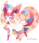  animal_focus blue_eyes blue_sclera blush bow closed_mouth colored_sclera commentary_request from_side full_body hair_bow happy heart heart_background no_humans outline pink_bow pokemon pokemon_(creature) ribbon shira_(sirairo116) smile solo standing sylveon white_outline white_ribbon 