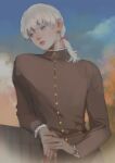  1boy androgynous berserk blue_eyes elbow_rest emg_(christain) griffith_(berserk) long_hair long_sleeves looking_to_the_side male_focus outdoors parted_lips ponytail solo solo_focus white_hair 