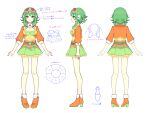  1girl bare_legs belt brooch commentary frilled_skirt frills full_body goggles goggles_on_head green_eyes green_hair green_skirt green_tube_top gumi gumi_(ai_megpoid) headphones high_heels jacket jewelry layered_skirt looking_at_viewer medium_hair multiple_views nou_(nounknown) official_art orange_footwear orange_jacket orange_skirt pleated_skirt red_goggles reference_sheet shirt shoe_soles sidelocks skirt smile standing strapless tube_top vocaloid white_background yellow_shirt 