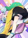  1girl :d black_shorts boots character_hair_ornament commentary_request green_hair grey_pantyhose hair_ornament highres iono_(pokemon) jacket kneepits kuroi_moyamoya leg_up long_hair looking_at_viewer looking_back open_mouth pantyhose pokemon pokemon_(game) pokemon_sv purple_eyes purple_hair sharp_teeth shorts single_leg_pantyhose smile solo star_(symbol) star_in_eye symbol_in_eye teeth thigh_strap upper_teeth yellow_jacket 