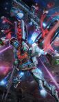  3d explosion firing flying funnels_(gundam) green_eyes gun gundam gundam_lfrith_pre-production_model gundam_suisei_no_majo highres holding holding_gun holding_weapon mecha no_humans robot space thrusters weapon yamataka_(blenderkame) 