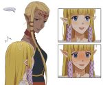  ... 2girls bangs bare_shoulders blonde_hair blue_eyes blunt_bangs blush closed_mouth commentary dark-skinned_female dark_skin english_commentary grey_lips half-closed_eyes height_difference highres impa looking_at_another multiple_girls open_mouth pointy_ears princess_zelda short_hair sophie_(693432) speech_bubble sweat teeth the_legend_of_zelda the_legend_of_zelda:_skyward_sword upper_body upper_teeth 
