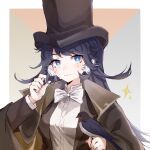  alternate_costume animal_ears arknights astesia_(arknights) bird bird_ears bird_on_hand blue_hair bow bowtie bright_pupils buttons cloak collared_shirt dark_blue_hair formal hand_in_own_hair hat highres huiyuenoyi jacket long_hair looking_at_viewer portrait shirt simple_background star-shaped_pupils star_(symbol) suit symbol-shaped_pupils top_hat victorian wavy_mouth white_pupils white_shirt 