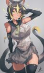  1girl absurdres animal_ear_fluff animal_ears arm_at_side arm_up bangs bare_shoulders black_gloves black_hair black_thighhighs blonde_hair closed_mouth collared_shirt cowboy_shot electricity gloves green_eyes grey_shirt grey_skirt hair_between_eyes highres iparupua kemono_friends lips looking_at_viewer medium_hair miniskirt multicolored_hair multiple_tails necktie parted_bangs raijuu_(kemono_friends) shirt skirt sleeveless sleeveless_shirt smile solo tail tan thighhighs torn_clothes torn_gloves torn_legwear torn_skirt two-tone_hair two_tails zettai_ryouiki 