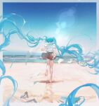  1girl absurdly_long_hair aqua_hair aqua_sailor_collar barefoot beach black_skirt blue_hair book day floating_hair flying_paper frilled_skirt frills from_behind full_body hair_ornament hair_ornament_removed hatsune_miku highres light_rays long_hair ocean outdoors paper ponytail rumoon running sand school_uniform serafuku skirt solo sunbeam sunlight very_long_hair vocaloid white_serafuku wind 