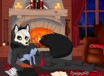  anthro big_breasts bow_ribbon breasts candle canid canine canis cleavage clothed clothing female fire fireplace inside lying mammal mask pandaman90 skull_mask solo under_boob underwear wolf 