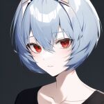  ai-generated ayanami_rei black_shirt blue_hair facing_viewer light_blue_hair nai_diffusion neon_genesis_evangelion pale_skin portrait rebuild_of_evangelion red_eyes shirt smile 