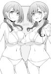  2girls :d asymmetrical_docking bikini blush breast_press breasts closed_mouth commentary_request dated grey_background greyscale highres kichihachi large_breasts long_hair looking_at_viewer low_twintails mole mole_under_eye monochrome multiple_girls navel open_mouth original simple_background smile swimsuit twintails twitter_username two-tone_background white_background 