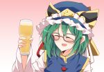  1girl :d balance_scale beer_mug blue_headwear brown-framed_eyewear closed_eyes cup frilled_hat frills glasses gradient gradient_background green_hair hat highres holding holding_cup ichimura_kanata long_sleeves mug open_mouth pink_background shiki_eiki short_hair smile solo touhou upper_body weighing_scale zun 