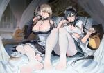  &gt;_&lt; 2girls =_= ahoge aochoku arm_garter azur_lane bangs bed between_breasts black_dress black_hair black_skirt blurry blurry_background bow bowtie breasts brown_hair cake cake_slice canopy_bed cleavage closed_mouth clothing_cutout commentary commentary_request curtains detached_collar dress earrings feet food fork formidable_(azur_lane) full_body green_eyes highres holding holding_cake holding_food holding_fork indomitable_(azur_lane) indomitable_(ms._motivationless_maid)_(azur_lane) indoors jewelry knees_up large_breasts legs long_hair long_sleeves looking_at_another looking_at_viewer maid_headdress manjuu_(azur_lane) multiple_girls necktie necktie_between_breasts no_shoes official_alternate_costume on_bed open_mouth pantyhose pillow plate red_eyes revealing_clothes shadow shoulder_cutout sidelocks sitting skirt symbol-only_commentary thighhighs thighs toes twintails underboob very_long_hair white_pantyhose white_thighhighs yokozuwari 